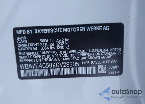 2019 BMW 740I xDrive from USA, damaged, VIN WBA7E4C50KGV28305